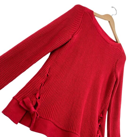 LOFT Women's Red Cable-Knit Long Sleeve Lace Up Tie Slit Pullover Sweater Size S - Picture 5 of 14